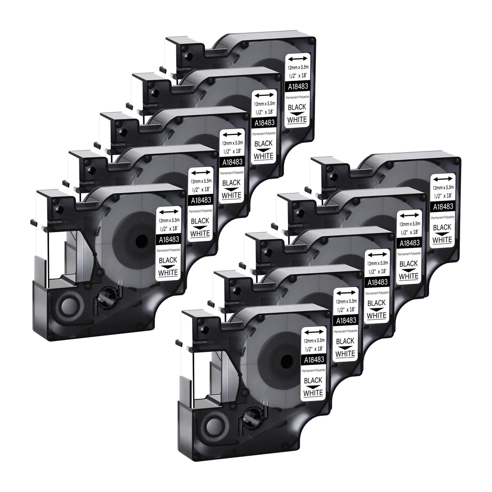 

10PK Black on White Permanent Polyester Industrial Label Tape Compatible for Dymo 18483 9/12/19mm for Rhino 1000 3000 4200 5000 (as the picture,9mm)