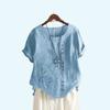 Frauen Mode Feder Druck Kurzarm T-shirt Sommer Casual Runde Kragen Pullover Lose Baumwolle Leinen Blusen