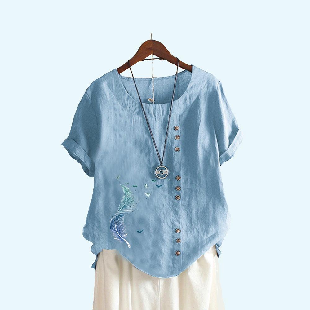

Женская модная футболка с коротким рукавом с принтом перьев, летняя повседневная пуловер с круглым воротником, свободные хлопковые льняные блузки 5XL светло-синий