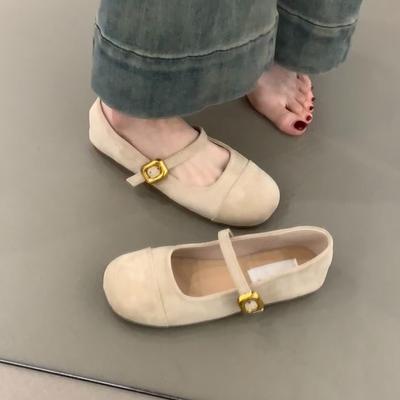 Retro Simple Style Flat Bottom Small Single Shoes Women's Round Head Shallow Mouth Matte Suede One-word Buckle Mary Jane Shoes