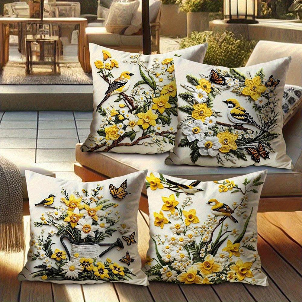 Short Plush Material Pillowcasefloral & Bird Decorative Pillow Covers: Yellow & White Delight Sofa Cushion Cover Home Room Decor