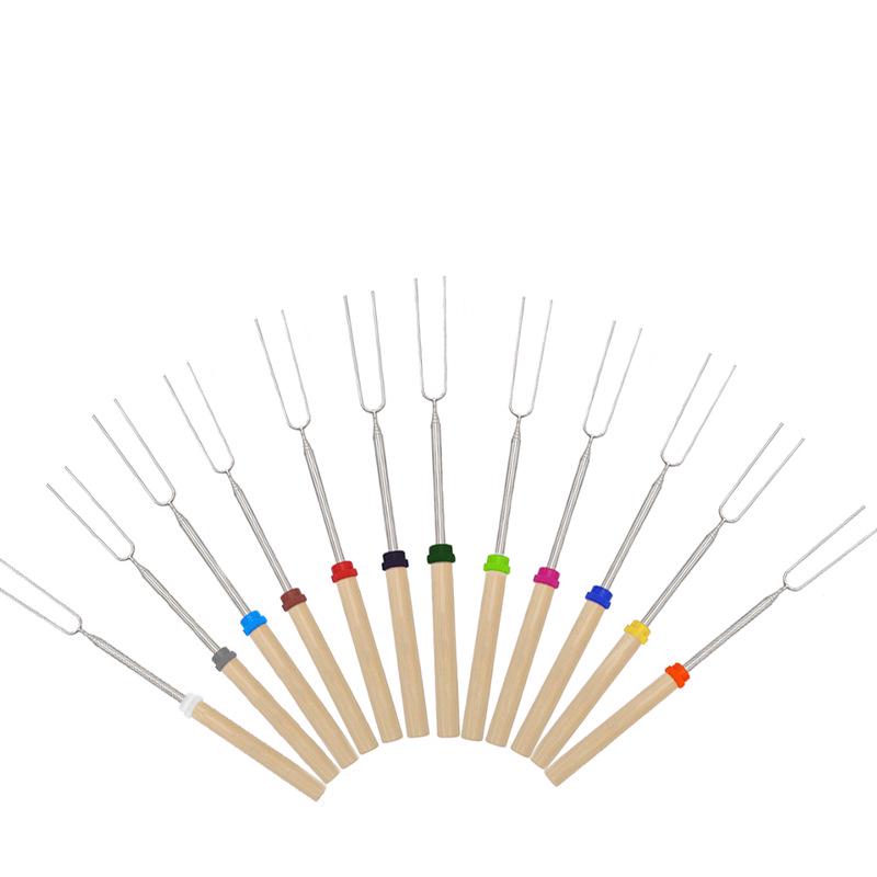 Stainless Steel Telescopic BBQ Fork with Wooden Handle - U-shaped Skewer for Hot Dogs
