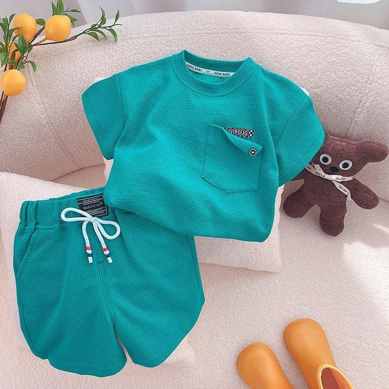 Stylish Summer Children s Waffle Set Soft Cotton Short Sleeve Top And Shorts Outfit 120cm/47.24in павлин голубой