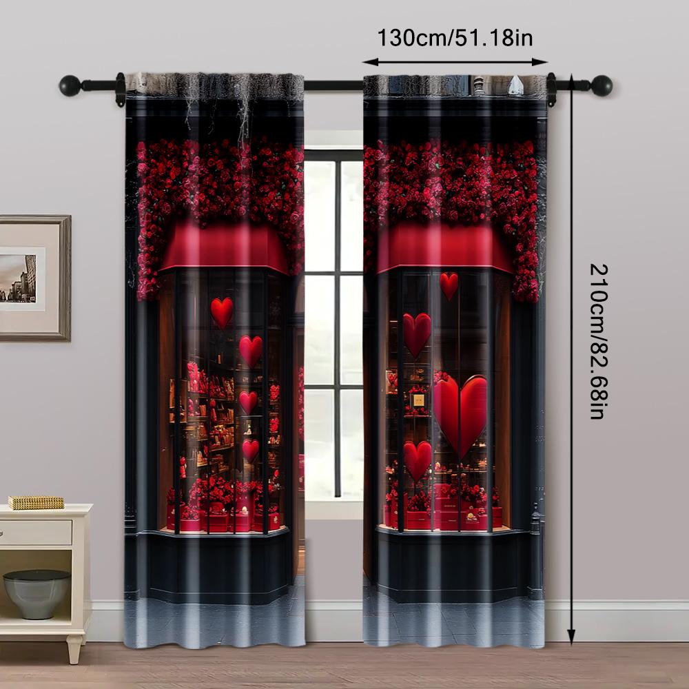 2pc,  Valentine's Day Window Treatment Curtains Romantic Confession Rose Fabric,Without Electricity Party Decorations Suitable