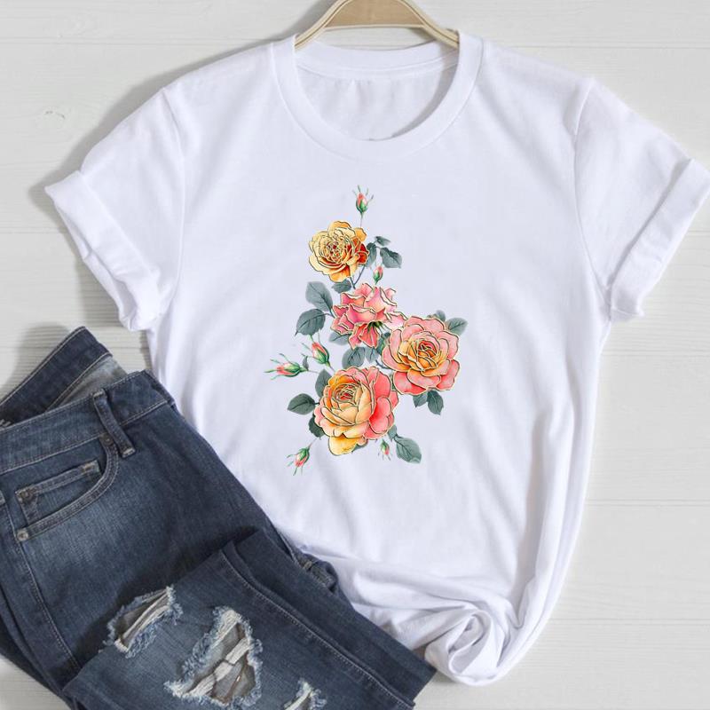 (European Size) 90s Cute Women Print Tee Flower Trend Trend Sweet Top Clothing Fashion Tshirt Lady Female Casual Short Sleeve Graphic T-shirt