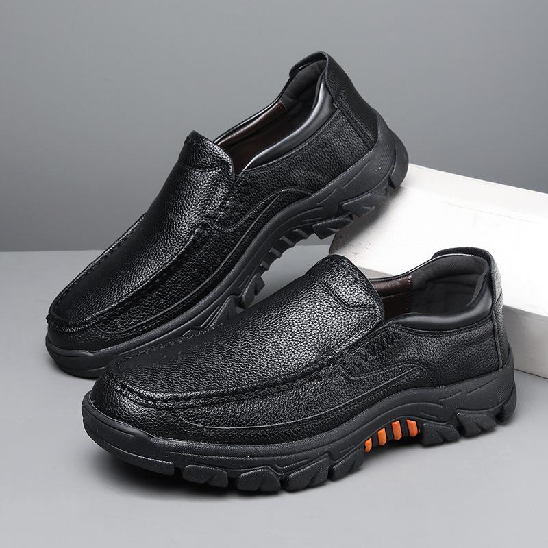 

Мужские кожаные туфли большого размера в британском стиле, с круглым носком, туфли-лоферы, износостойкие, повседневные кожаные туфли для отцов среднего и пожилого возраста 39 чёрный