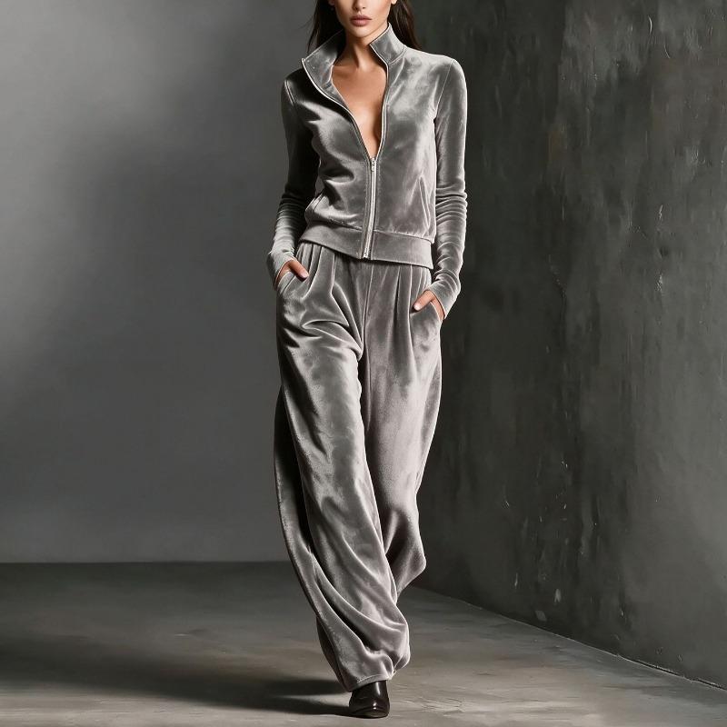 QICED Women's Long Sleeve Stand Collar Fashion Casual Pants Suits