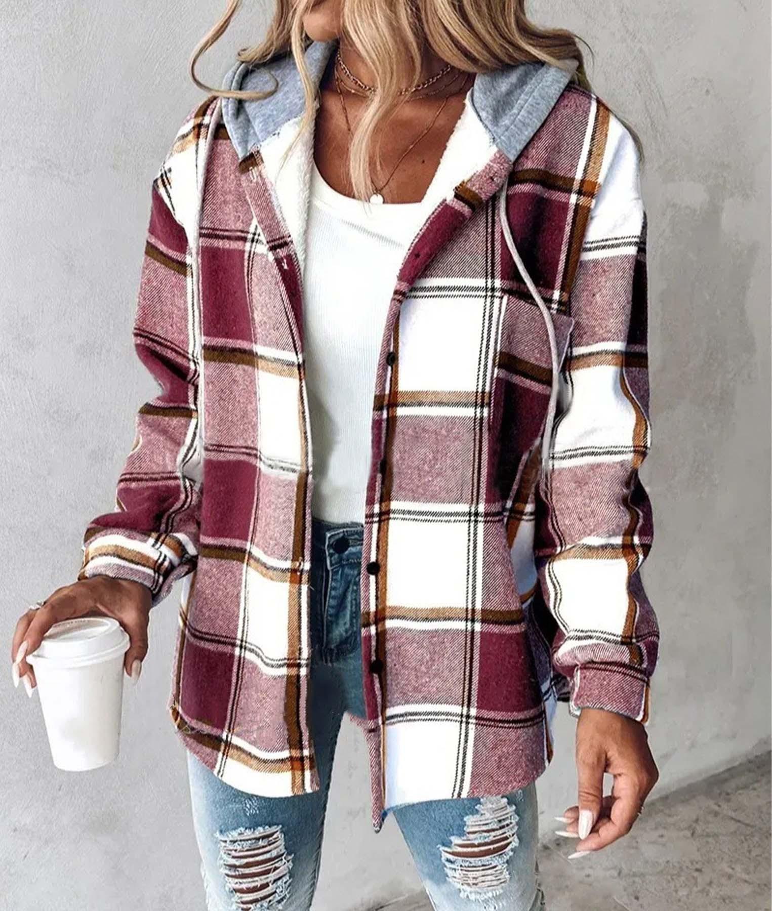 

Women s Hooded Plaid Flannel Shirt Jacket Cozy Fleece Lined Casual Long Sleeve Outerwear S