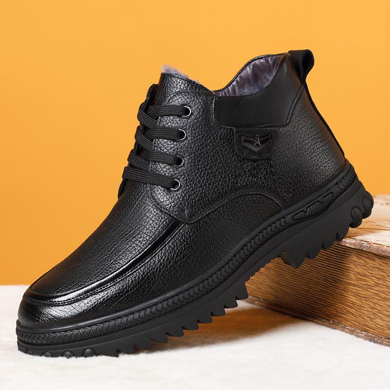 

Winter first layer cowhide wool men s leather velvet thermal cotton shoes casual elderly dad leather shoes extra large size 46 38