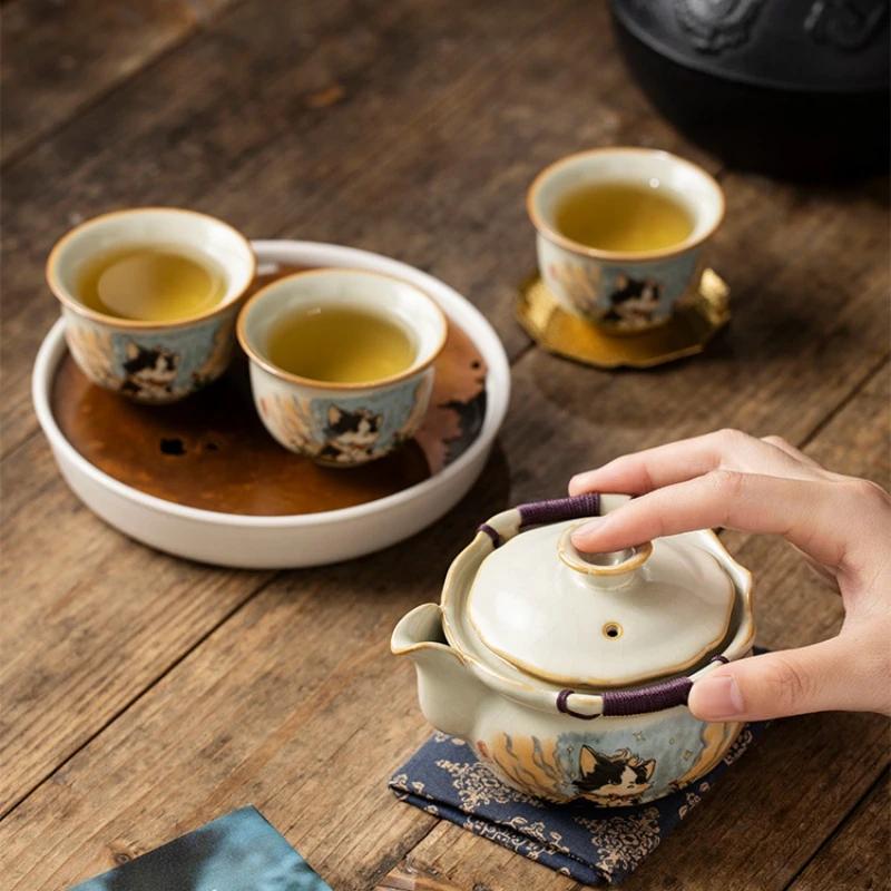 Ru Yao Süße Katze Porzellan-Teekanne Porzellan Gelb Mit Griff Teekanne Teezeremonie-Set Tee-Krawatte Guan Yin Jasmin Teegeschirr Typ