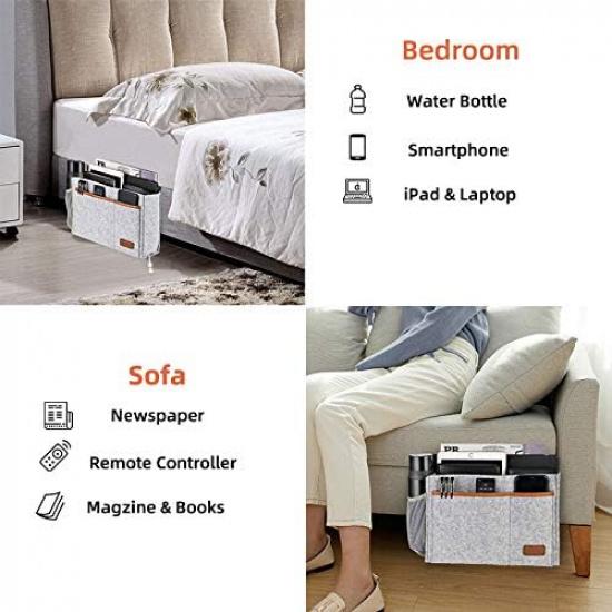 Bedside Caddy, Felt Bed Storage Organizer Hanging Bag Holder with 5 Pockets, Magazine Book Phone Tablet iPad Cables Remote and Water Bottle Holder