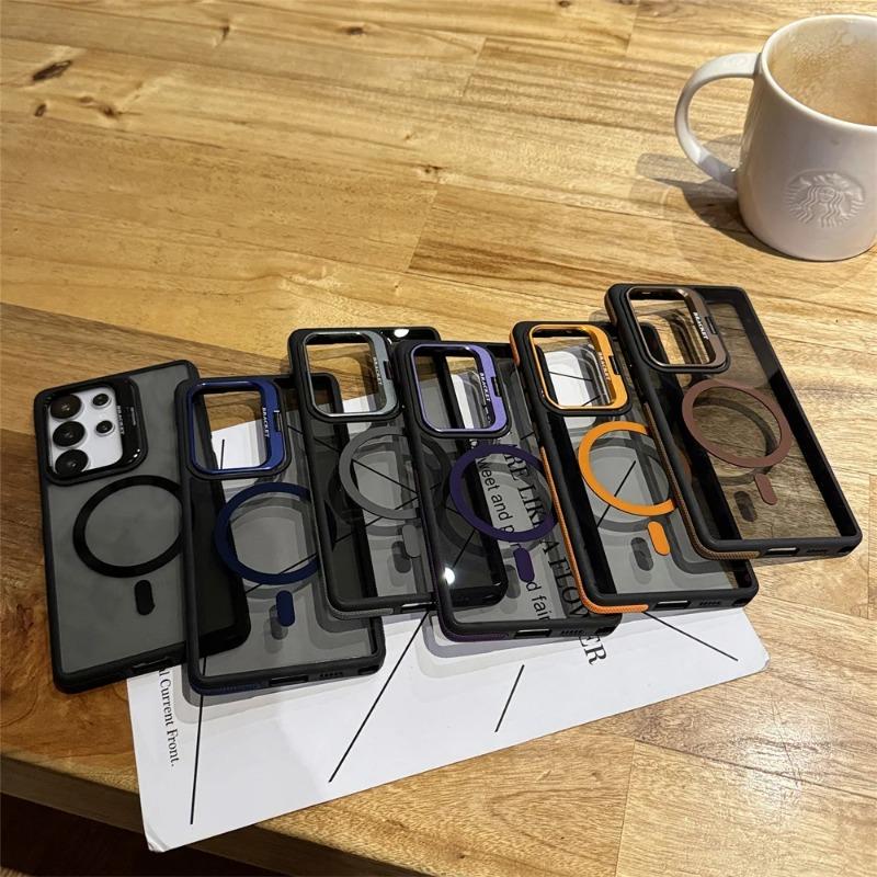 For Magsafe Magnetic Metal Lens Protection Stand Case For Galaxy Samsung S25 S24 S23 S22 Ultra Plus FE Shockproof Cover Bumper