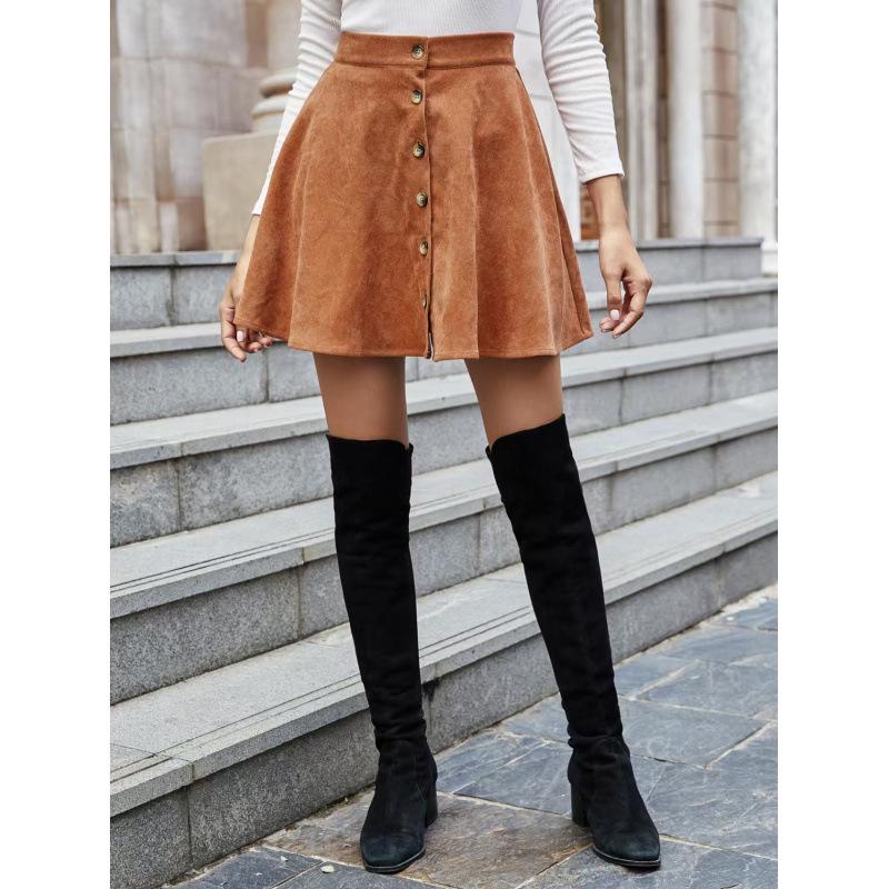 2026 Women's Solid Corduroy Half Skirt - Sweet, Fashionable, Single-Breasted Casual Wear for All Seasons