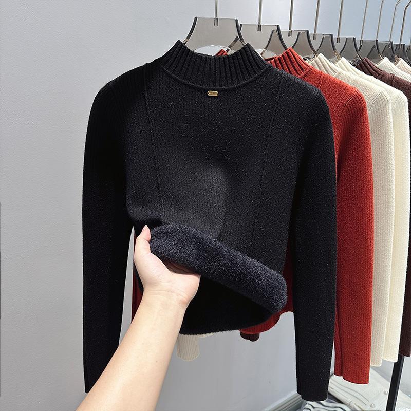 

Fleece thickened sweater women s spring and autumn wear semi-turtleneck integrated fleece bottoming shirt with a new high-end good-looking inside average size [recommended 80-60kg]
