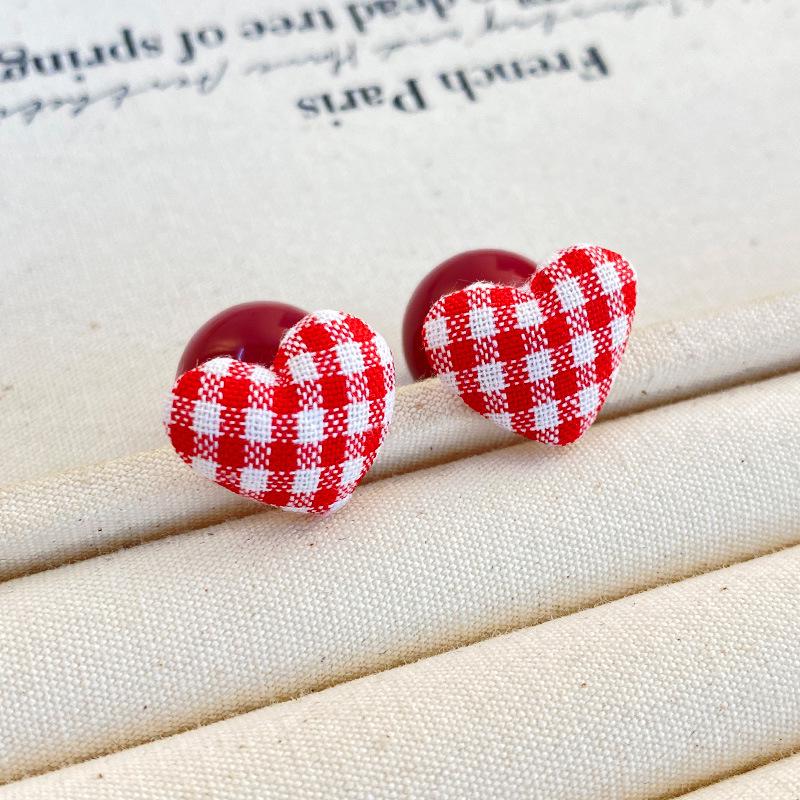 Cherry Red Heart Plaid Stud Earrings with Pearls - Christmas Autumn/Winter Light Luxury Essentials