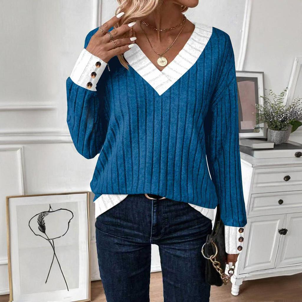 Women's V Neck Sweaters Casual Long Sleeve Pullover Knit Tops Loose Basic Clothing