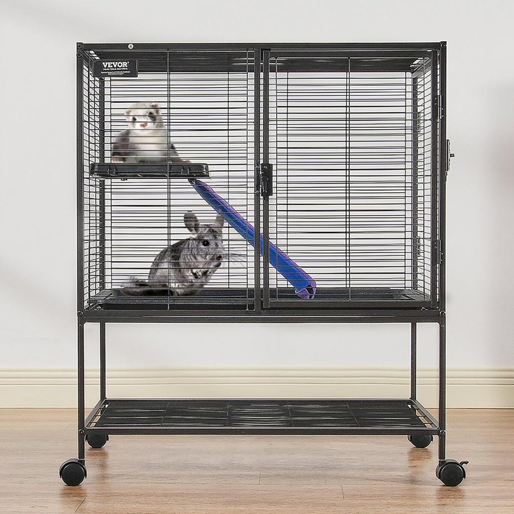 36" Metal Small Animal Cage 2-Tier Rolling Ferret Cage with Tray A Ramp