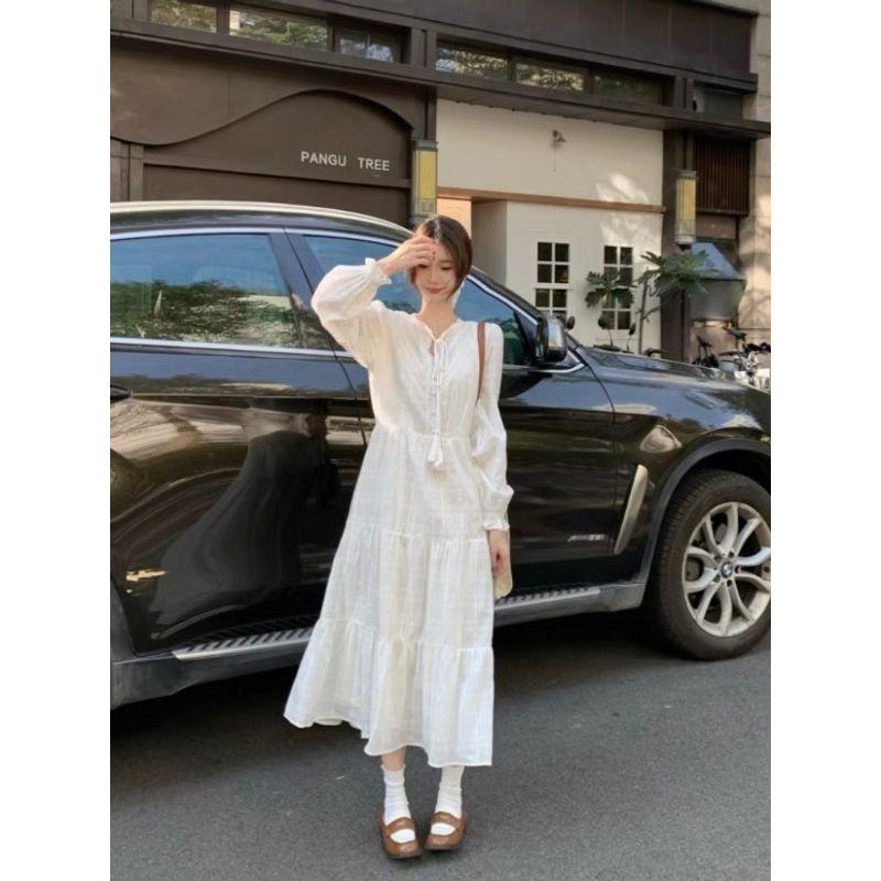 Kumikumi Elegant White Long Sleeves Dress Women's Autumn Gentle A- line Skirt Slimming Fairy Lady Skirt Long Skirt