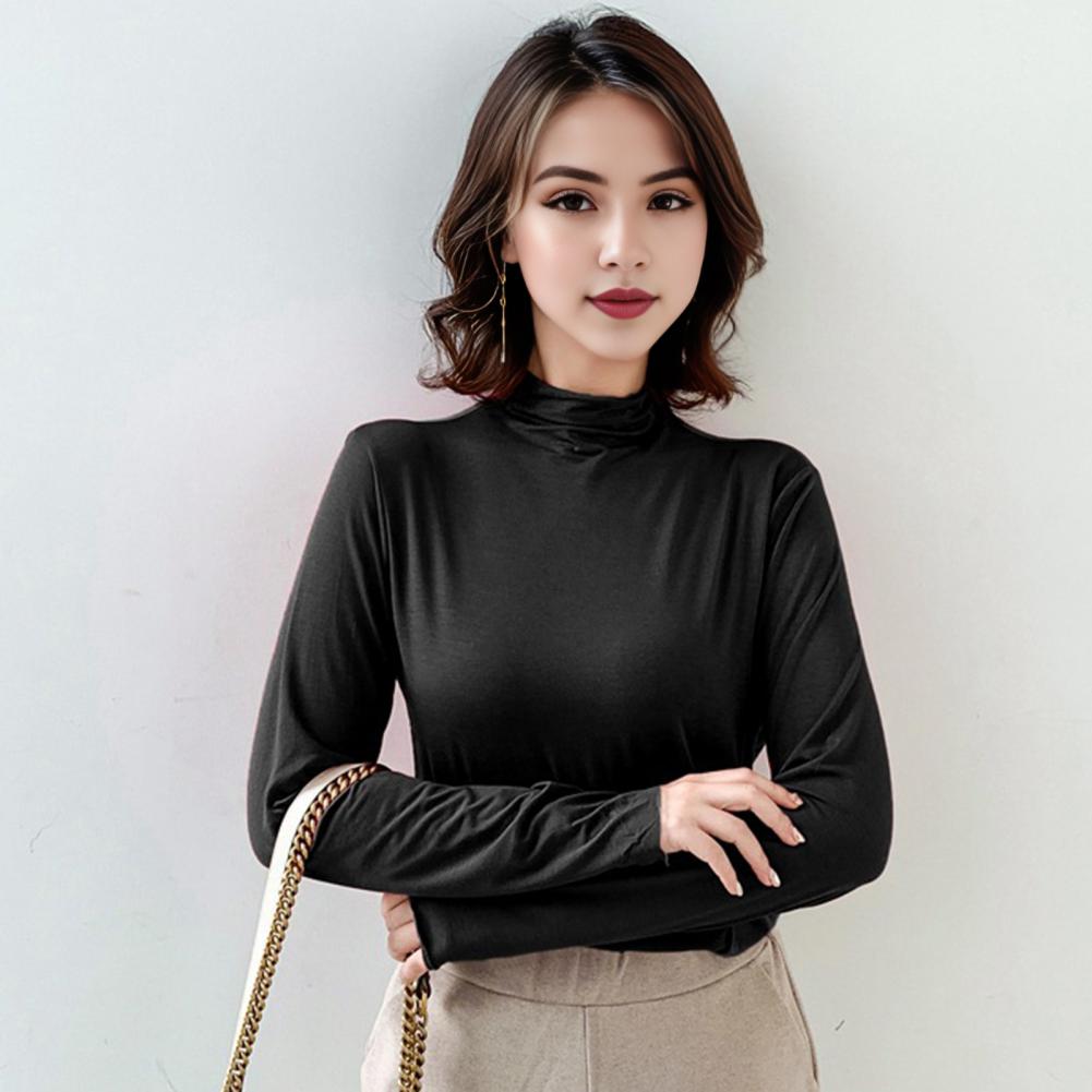 Soft Long Sleeve Blouse Stylish Women's Long Sleeve Tops Slim Fit Half-high Collar Shirt Solid Color Bottoming for Daily for A
