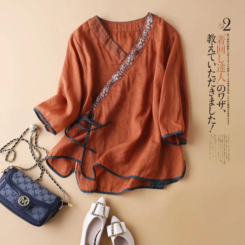 

Женская летняя новая литературная футболка с короткими рукавами из хлопка и льна, пуловер с V-образным вырезом и вышивкой, рукава три четверти 4XL