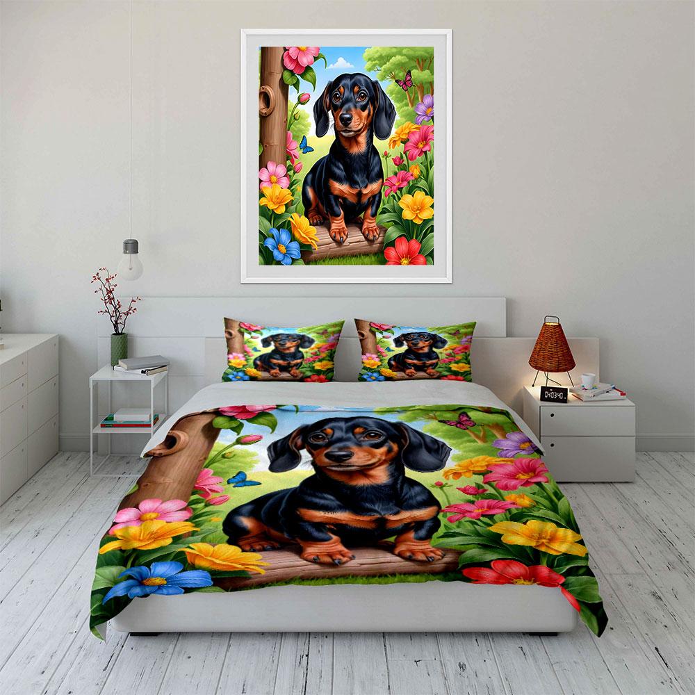 Floral Garden Dachshund Decor Set Exquisite Three-Piece Bedding Set Gift For Kids And Adults