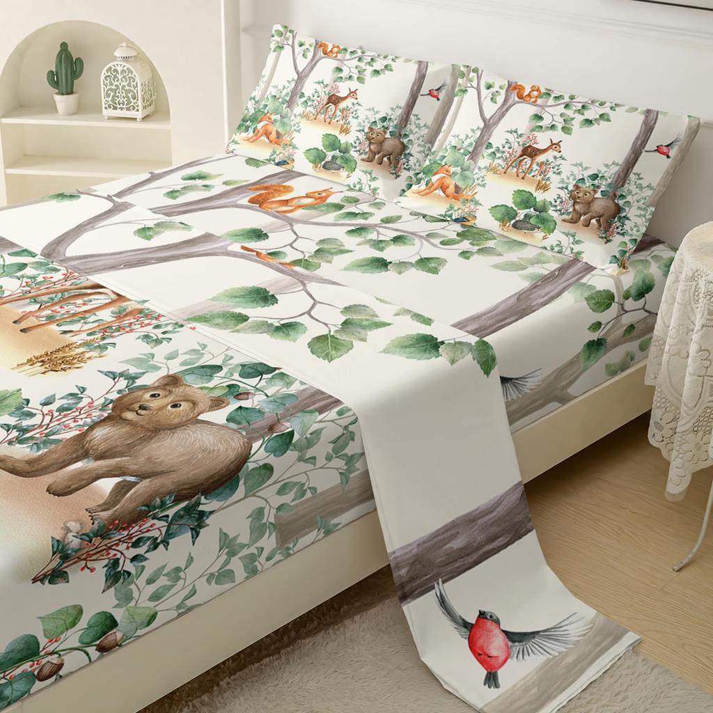 Forest Animal Fox Deer Bear Pattern Sheet Four-Piece Bedroom Room Dormitory Bedding Decoration
