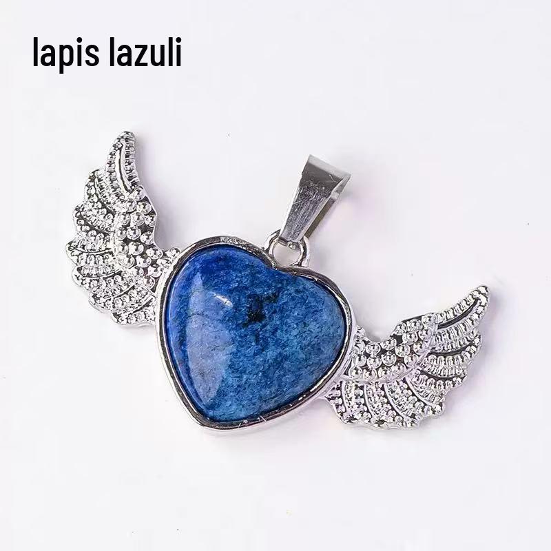 European & American Natural Stone Angel Heart Pendant with Wings