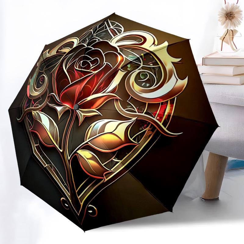 1pc Rose Ornament Automatic Folding Umbrella with 8 Bones, 3-Fold Compact Umbrella, Compact Design On-the-Go Essential, Casual Outdoor Acces