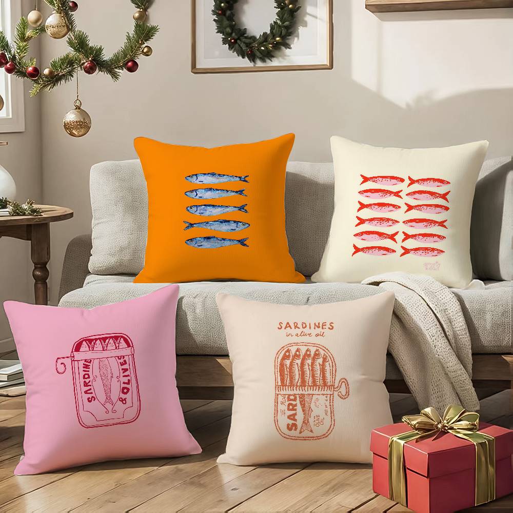 Cute Coastal Charm Sardines Pillow Case Anti-Dustmite Pillowcase Invisible Zipper Silky Short Plush Sofa Cushion Cover