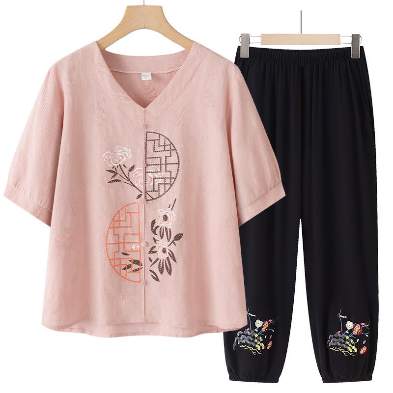 2026 New Summer Cotton Linen Suit: Stylish Short-Sleeved T-Shirt for Middle-Aged and Older Women