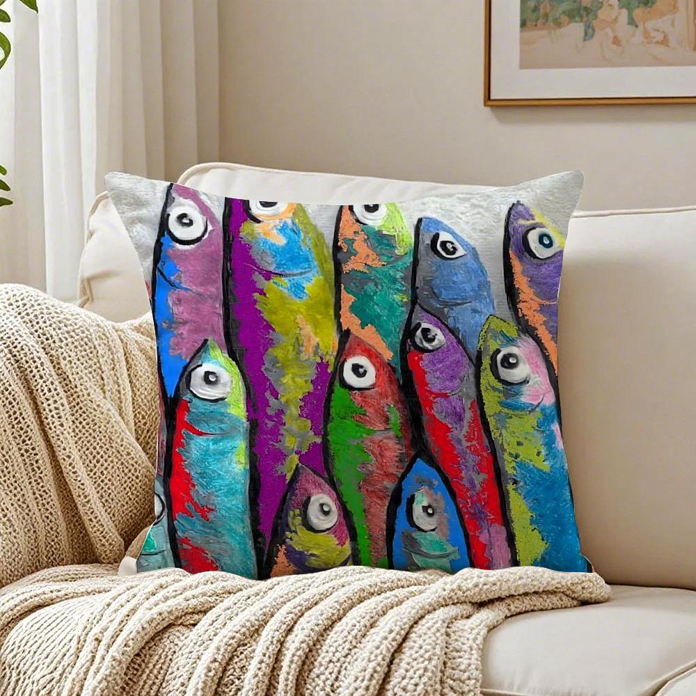 Colorful Sardine Lobster Pattern Art Cushion Cover Linen Pillowcase Soft  for Sofa Bed Home Room Decor
