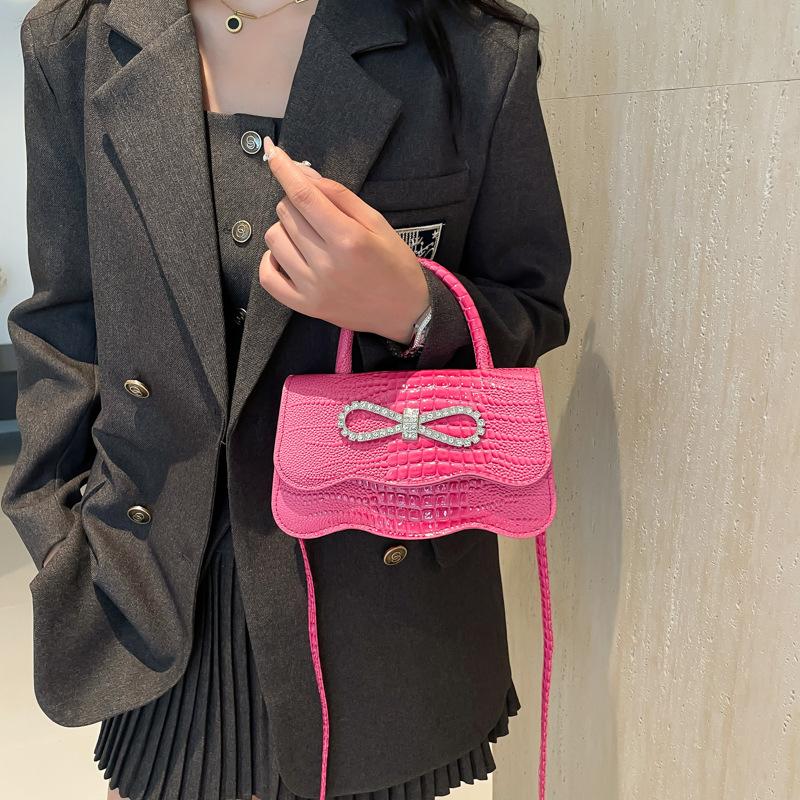 Crocodile Pattern Women'S Bag With Diamond Bow Retro Solid Color Casual Shoulder Crossbody Portable Small Square Bag Tide