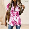 Women Plus Size Collared Neck Short Sleeve Lemon Print White Button Front High Low Curved Hem Shirt