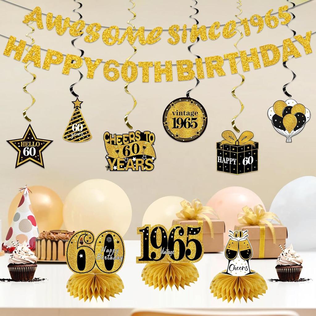 11Pcs 60th Birthday Decorations Kit for Men Women, Black Gold Happy 60th Birthday Banner, Awesome Since 1965 Centerpieces Swirls Party Supplies,