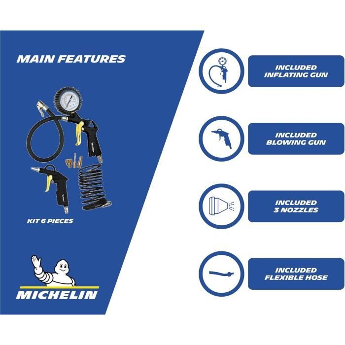 Michelin Druckluft-Kit 3-teilig enthalten: Reifenfüller mit Manometer, Spiralschlauch 5 m, Blaspistole mit kurzem Auslass