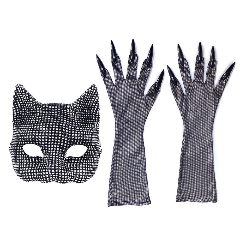 Rhinestone Cat Girl Mask Gloves Set Cosplay Prop Masquerade Gloves  Dance Performance