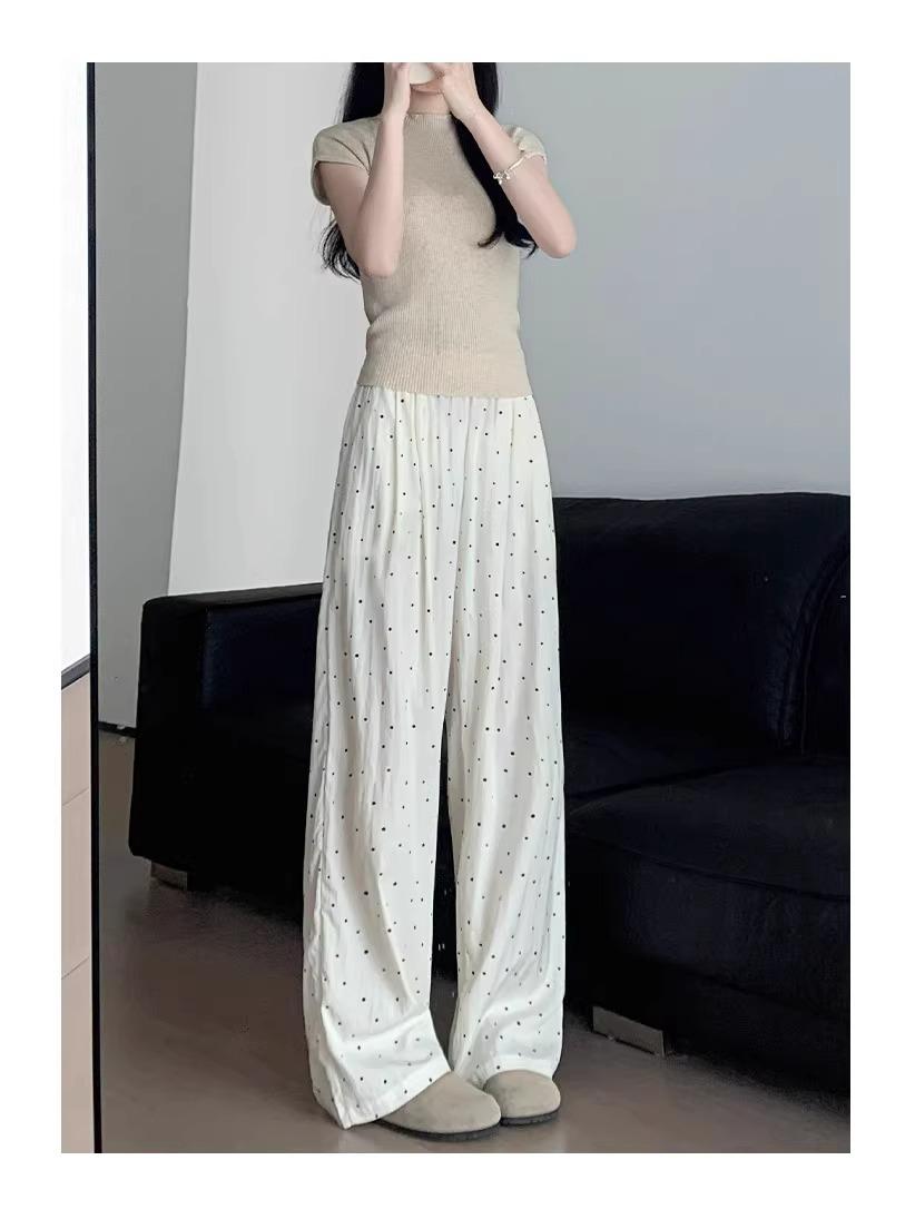 

Petite Polka Dot High-Waist Yamamoto Pants, Drape Straight Leg, Wide-Leg Blue Ice Silk, Casual Summer Wear XL (116-125 lbs)