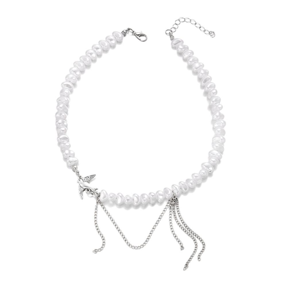 Silver Color Imitation Pearl Necklace Geometric Clavicle Chain Simple Tassel Choker Ladies серебряный