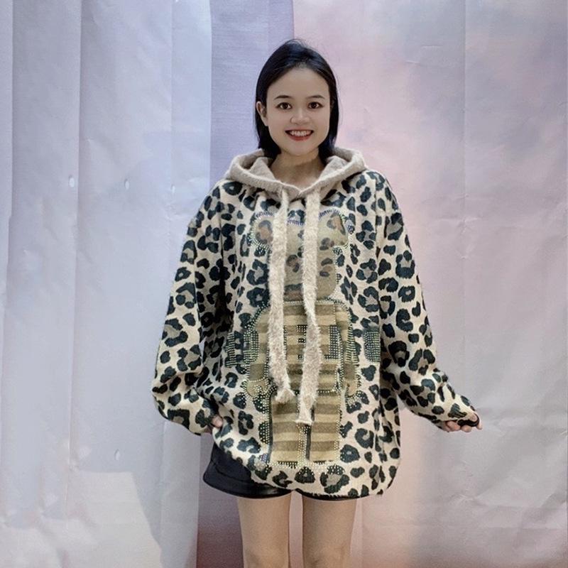 Robuster Kapuzenpullover mit Leopardenmuster und Strasssteinen - Damen Herbst/Winter Plüsch Teddybär Oberteil