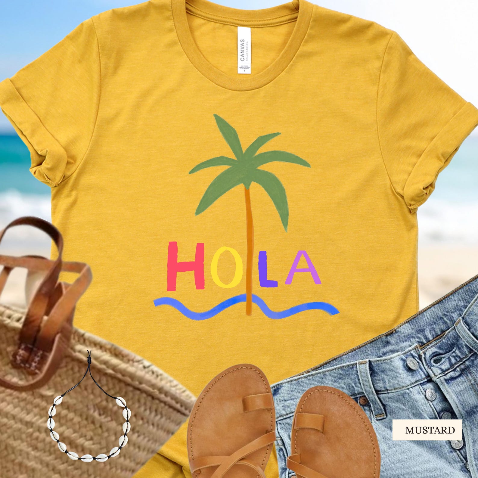Hola Graphic Tee: Boho Beach Vacation Shirt XL