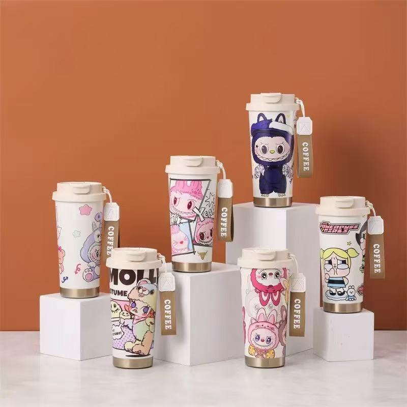 Labub 304 stainless steel thermos cup cartoon pattern portable lily of the valley cup girls high value with straw fashion