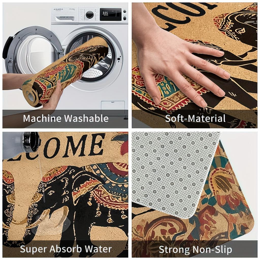 1Pcs Anti Fatigue Kitchen Rugs,Bohemian Elephant  Print Waterproof Non-Slip Thick Cushioned Kitchen Mat Heavy Duty Comfort Standing Mat for Kitchen