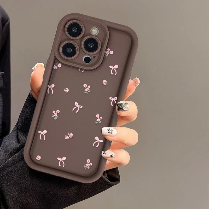 

Силиконовый чехол для телефона Korean Girl Bow для iPhone 16 15 Pro Max, чехол 13 11 12 14 Pro Max X XR XS Max 7 8 Plus SE 2020 2022, мягкий противоударный чехол для телефона iPhone 11 Pro коричневый