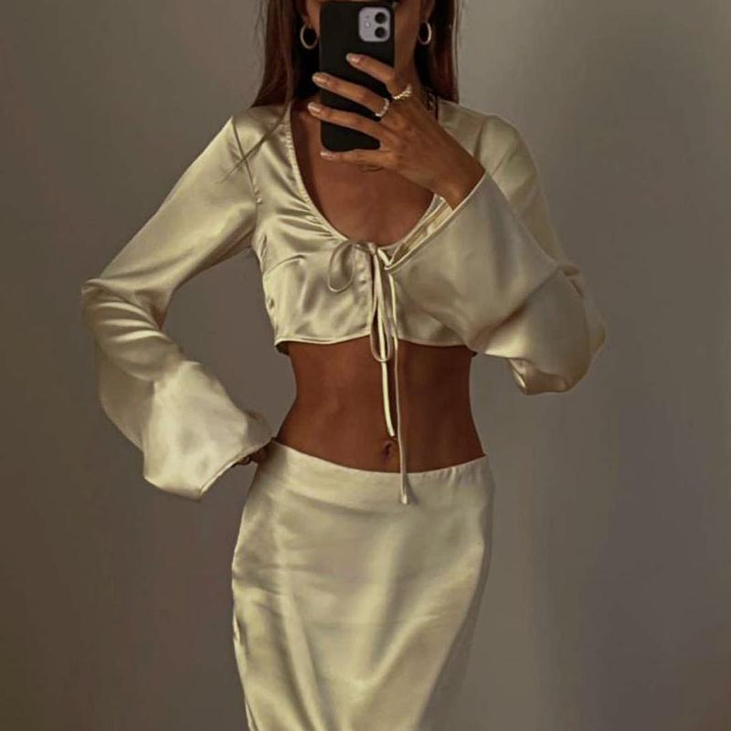 Frühling Neu Glänzend Sexy Langarm Kurzes Schnür-Top und Rock Set für Damen