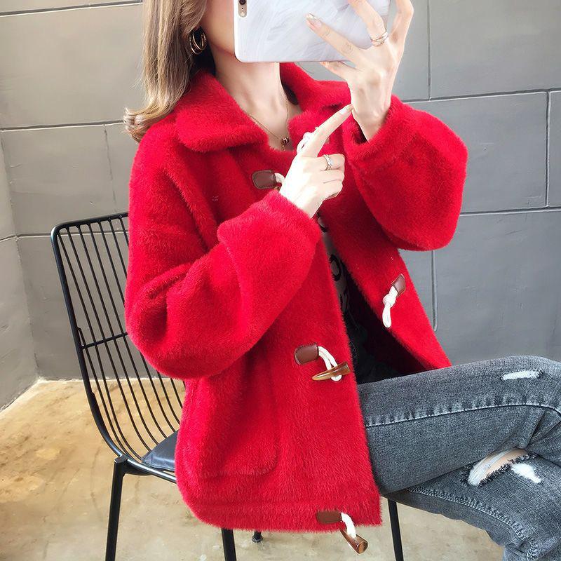 

Women s Spring Faux Mink Velvet Knit Cardigan, Short Loose Fit with Horn Buttons, Plus Size Korean Style Outerwear 3XL (150-160 jin) червоний