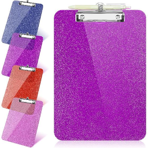 1 Pcs Clear Glitter Clipboards, Plastic Clipboard with Pen Holder, Size 8.85 x 12.4 in Shiny Clipboards with Low Profile Clip, Cute Hanging Clipboard