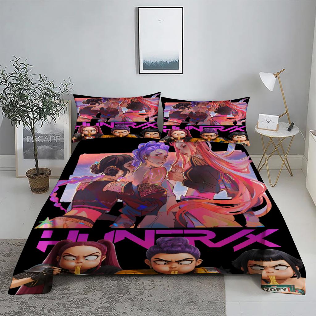 Huntrix, Rumi, Mira D-Dämonenjäger K-Pop Bettwäsche-Set 3D-bedrucktes Bettlaken mit Kissenbezug Bettwäsche King Queen Size