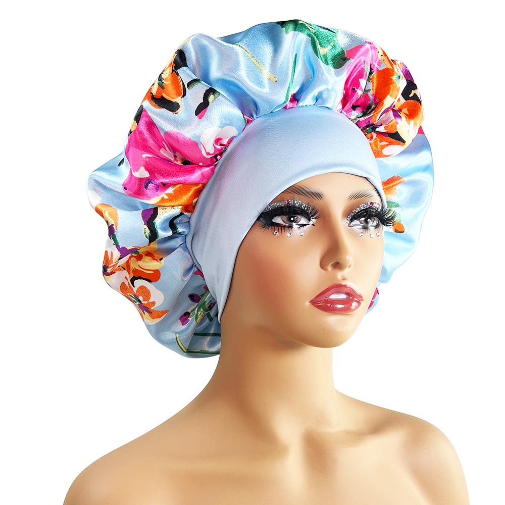 Satin printed sleeping cap elastic wide edge round cap hair care cap beauty and hairdressing cap