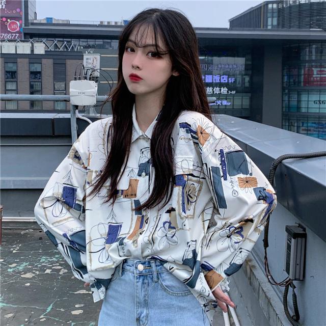 Harajuku Katze Bluse Frühling Langarm Drehen Unten Kragen Vintage Shirt Lose Blusen Mode Blusas
