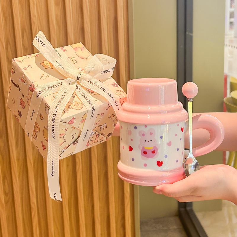 Cute and high-value puppy mug with lid spoon cartoon kitten ceramic cup for girl classmates birthday gift
